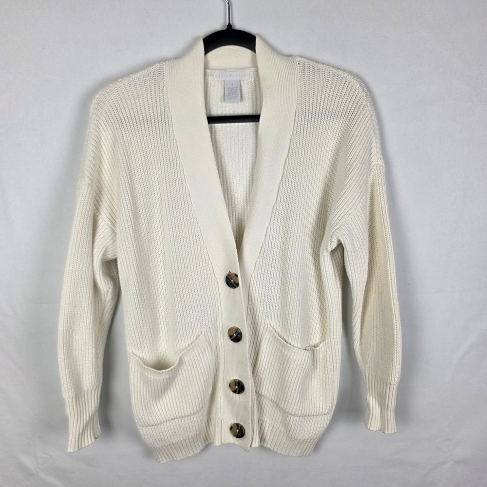 Design History Cream White Ribbed Shawl Collar Button Cardigan Sweater Small